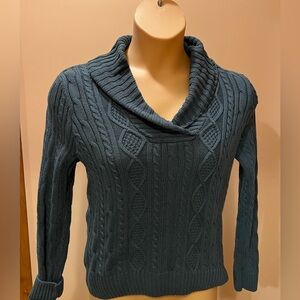 Jeanne Pierre Crossover V Neck Cable Knit Sweater blue medium 100% cotton SW31